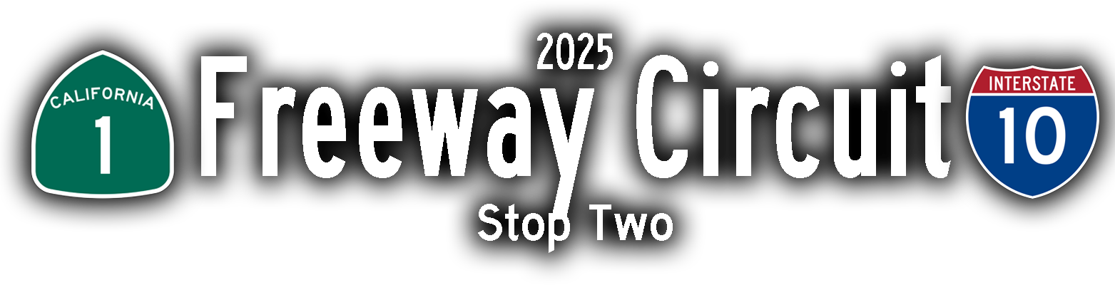 The StageCrafts Los Angeles Freeway Circuit Stop Two - The Electric Lodge in Venice, CA! A digital graphic design features the text "2025 Freeway Circuit Stop One" in white, bold font. On either side of the text, there are shield-shaped interstate highway signs: one for Interstate 405 on the left and one for Interstate 10 on the right. The background is transparent or black, giving the design a clean and modern look.